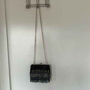Anthropologie Black Beaded Fringe Crossbody Bag